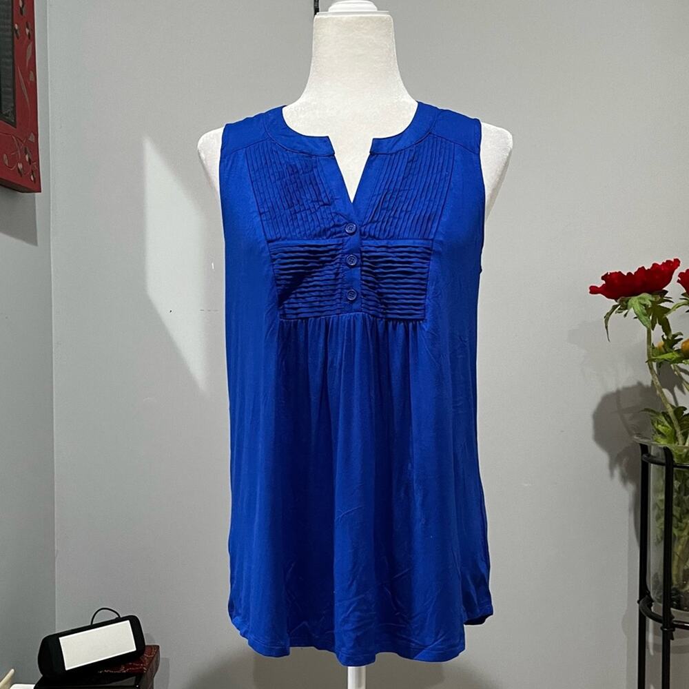 NEW Cable & Gauge Longline Pleated Placket Swing Sleeveless Tunic Top Blue M NWT